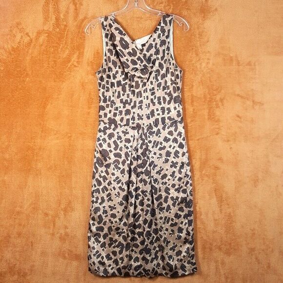 ELLEN TRACY Womens Dress 10 Brown Tan Sheath Midi Pleated Cowl Sleeveless - Picture 1 of 10